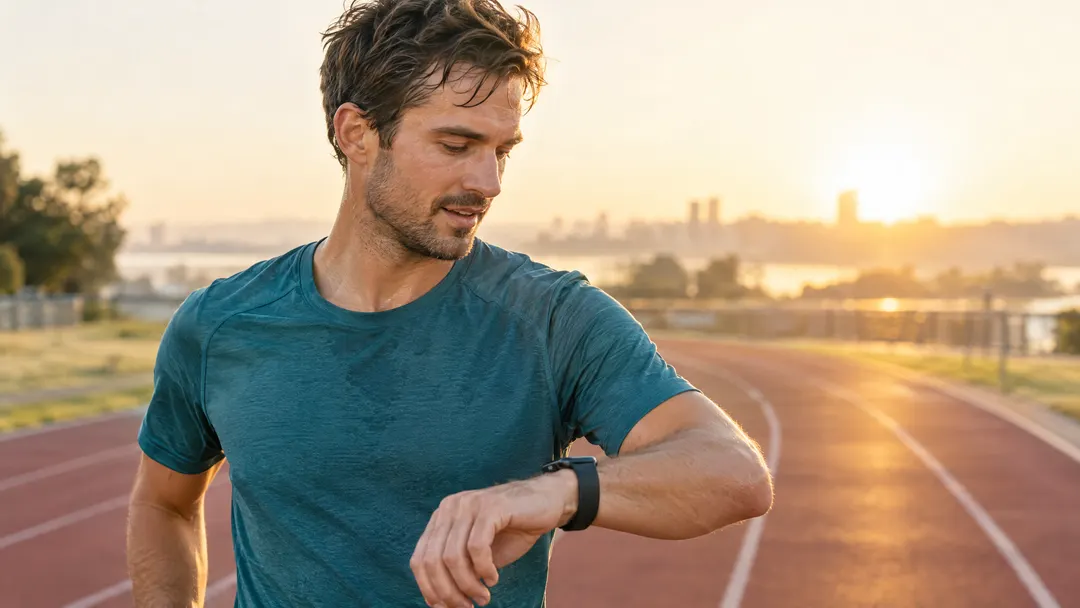 A runner checks his smartwatch on a running track at sunrise.