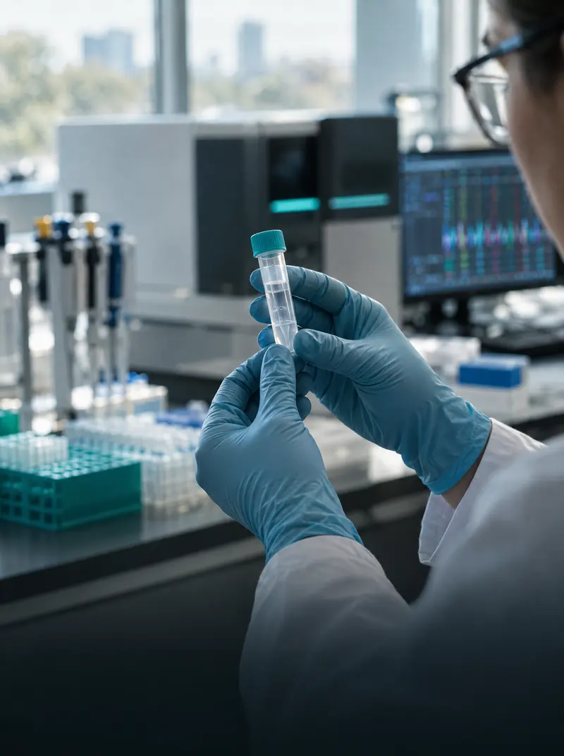 A scientist holds a saliva collection tube in a genomics lab.